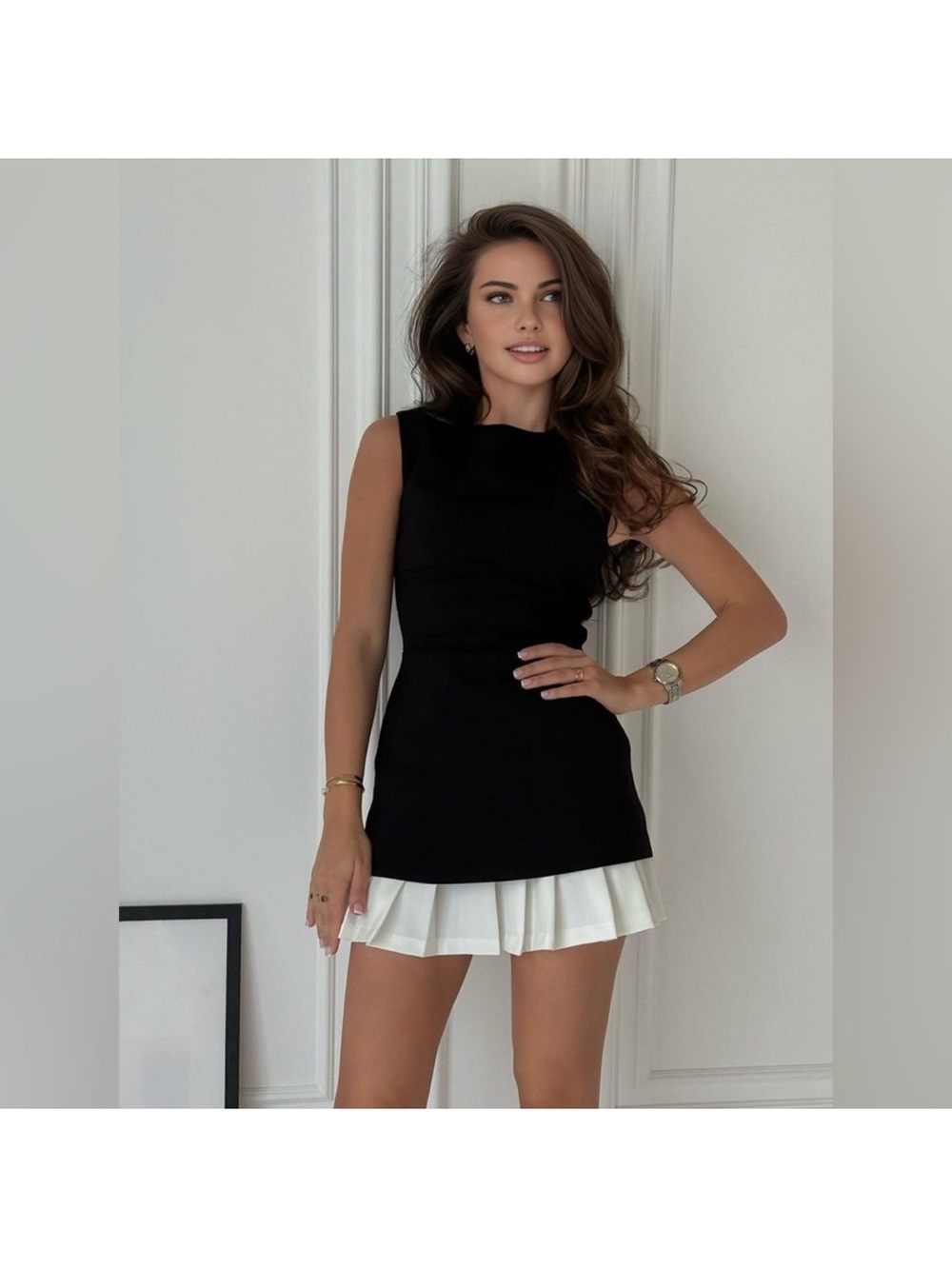 Commense Black and White Pleated Mini Dress